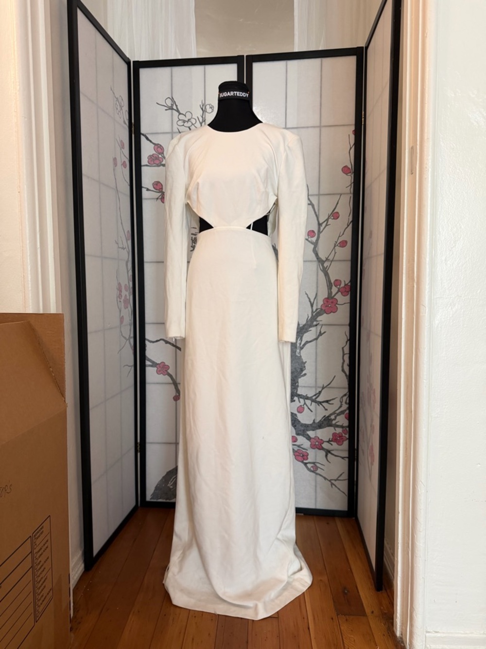 BCBG White Long-Sleeve Cutout Maxi Dress